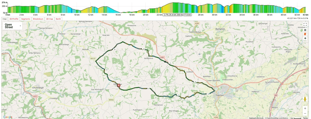 Witheridge Grand Prix course map showing the 42.8km circuit through Devon