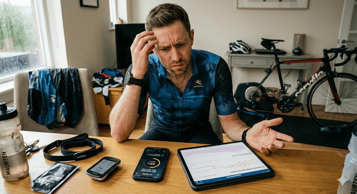 Cyclist checking data on a bike computer, looking uncertain