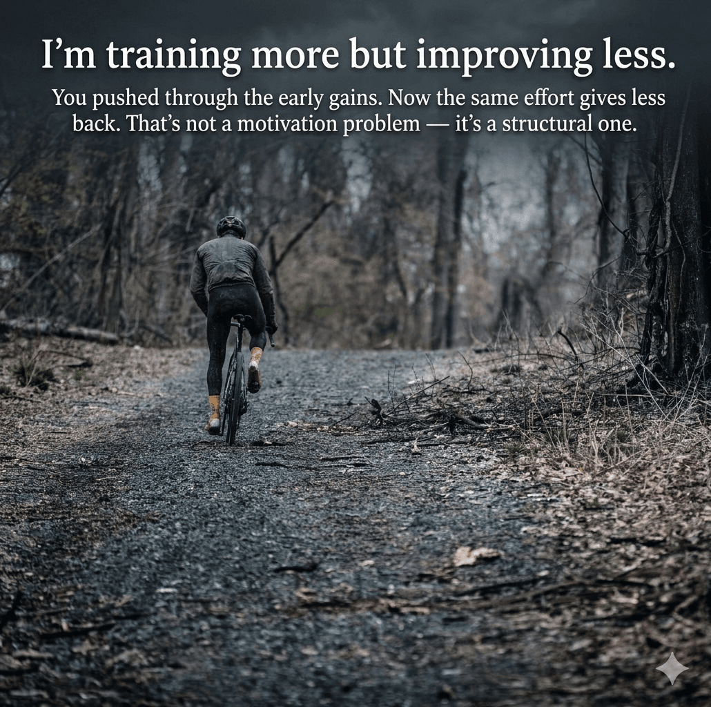 Cyclist riding alone, working hard on a flat road