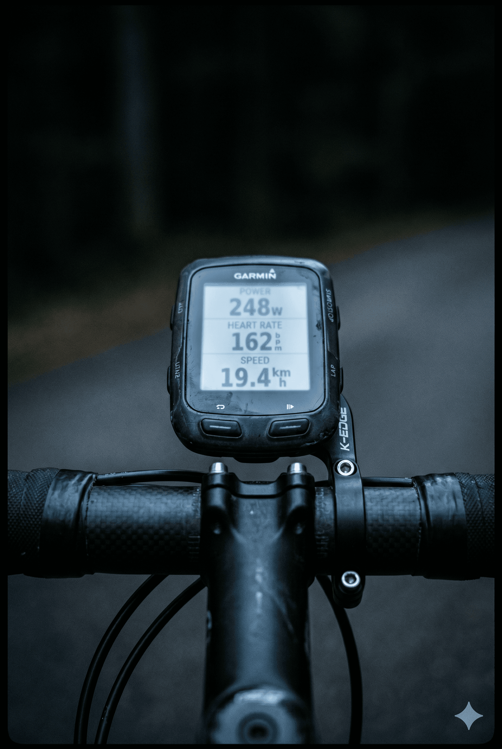Close-up of cycling computer showing training data